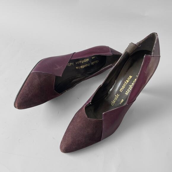 80s Stiletto Claude Montana Stephane Kelian 7.5 Geometric Leather Suede France - Picture 3 of 8